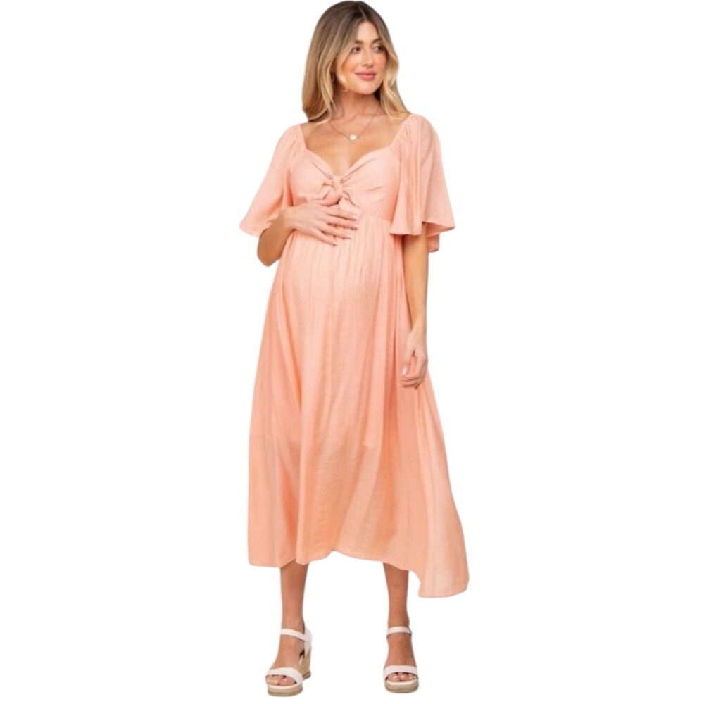 OTT Maternity Peach Front Tie Ruffle Sleeve Midi Dress Size Large‎ BoxGK